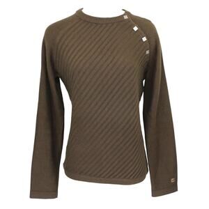 Vintage Orage Sweater Large Brown Diagonal Knit Square Shoulder Buttons Outdoor